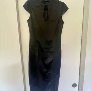 Zara Asian-inspired Black Satin Sheath Midi Dress Mock Neck Cap Sleeve